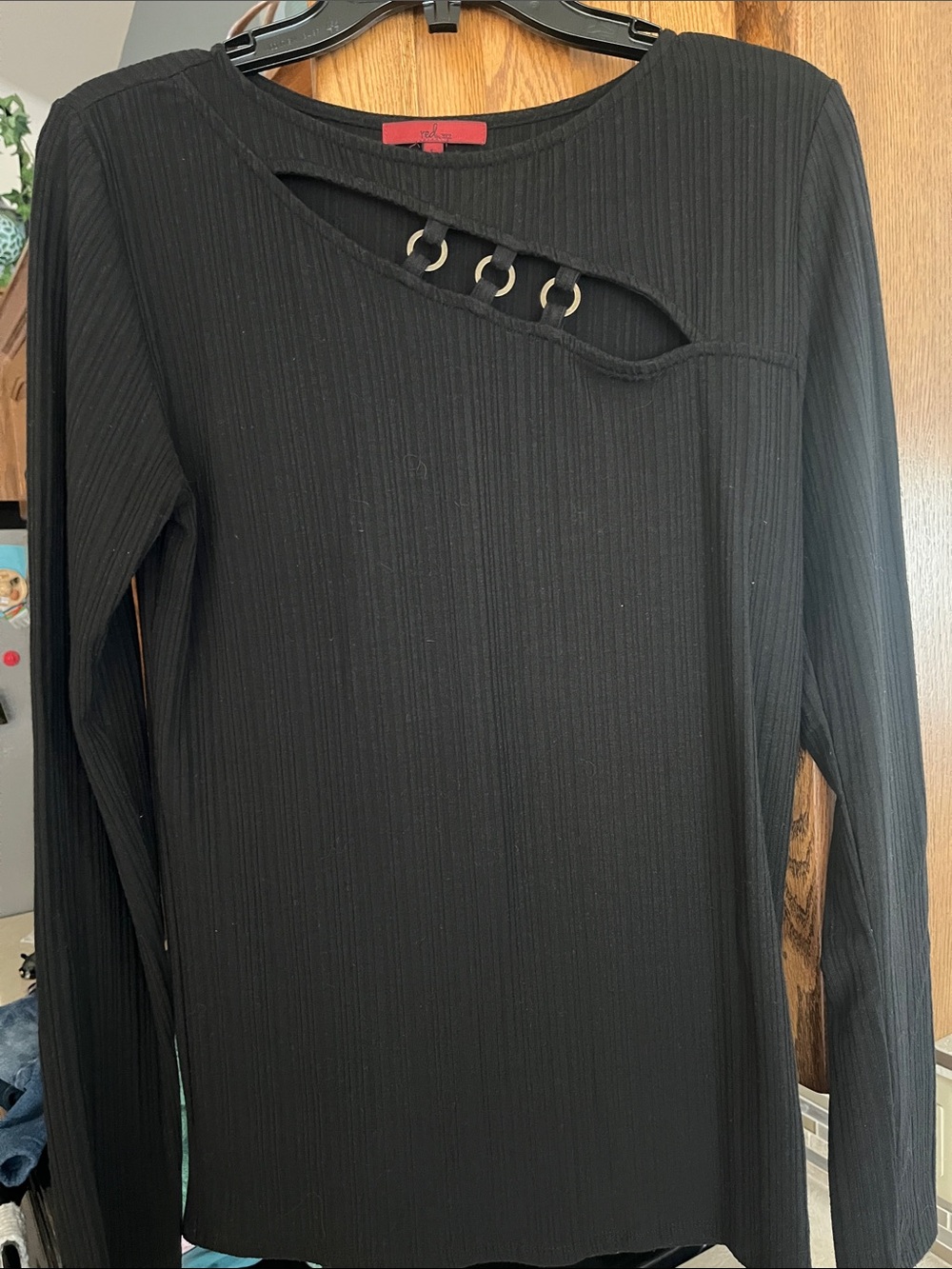 Red by BKE Black Ribbed Long Sleeve Top with Asymmetric Cutout and Ring Detail